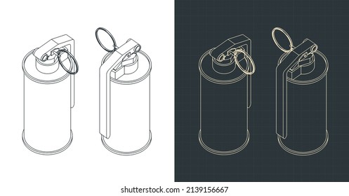 Stylized vector illustration of isometric blueprints of hand grenade