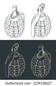 Stylized vector illustration of isometric blueprints of hand grenade