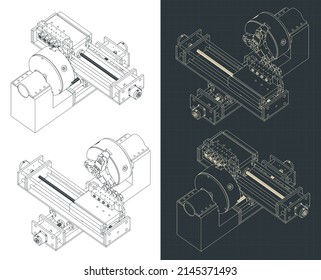 Stilisierte Vektorgrafik isometrischer Entwürfe von CNC-Drehmaschine