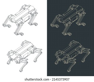 Stylized vector illustration of isometric blueprints of quadruped robot