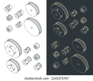 Stylized vector illustration of isometric blueprints of pulleys and Idler