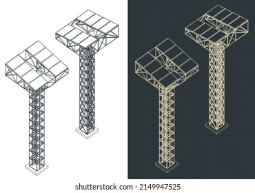 Stylized vector illustration of isometric blueprints of solar panels on a high farm