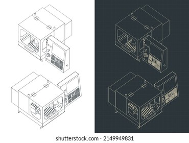 Stylized vector illustration of isometric blueprints of desktop CNC router machine