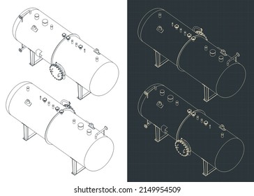 Stylized vector illustration of isometric blueprints of horizontal  pressure tank