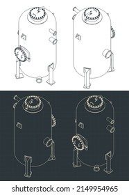 Stylized vector illustration of isometric blueprints of vertical pressure tank