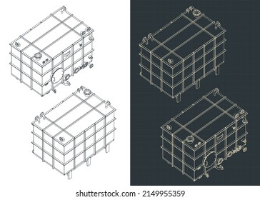 Stylized vector illustration of isometric blueprints of  pressure tank