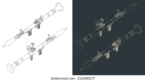 Stylized vector illustration of isometric blueprints of hand-held anti-tank grenade launcher