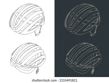 Stylized vector illustration of isometric blueprints of bike helmet