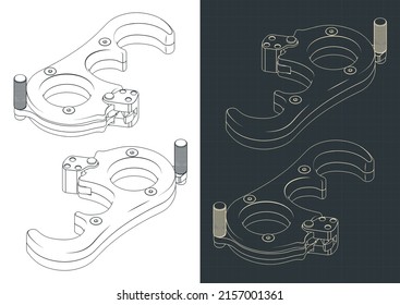 Stylized vector illustration of isometric blueprints of archery release