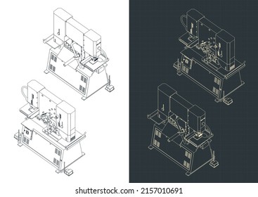 Ilustración vectorial estilizada de planos isométricos de la máquina perforadora