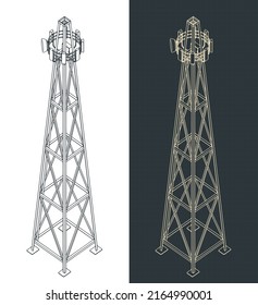 Stylized Vector Illustration Of Isometric Blueprints Of Cell Tower With Equipment