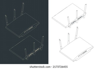 Stylized Vector Illustration Of Isometric Blueprints Of Wireless Router