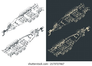 Stylized vector illustration of isometric blueprints of a big tri axle boat trailer