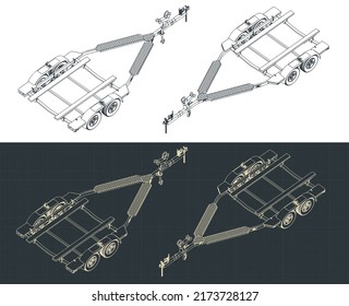 Stylized vector illustration of isometric blueprints of boat trailer