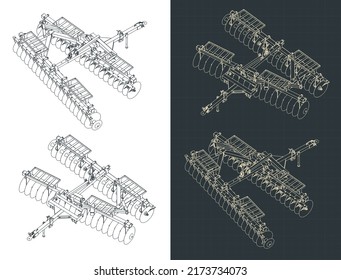 Stylized vector illustration of isometric blueprints of disc harrow