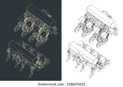 Stylized vector illustration of isometric blueprints of seed planter