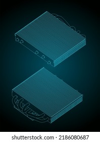 Stylized vector illustration of isometric blueprints of CPU cooler heatsink