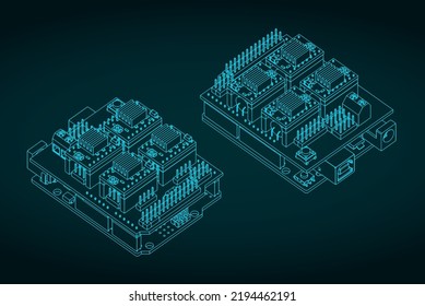 Stylized vector illustration of isometric blueprints of Arduino Uno and CNC shield