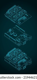 Stylized vector illustration of isometric blueprints of Arduino Uno and CNC shield