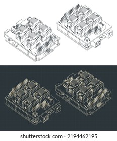 Stylized vector illustration of isometric blueprints of Arduino Uno and CNC shield