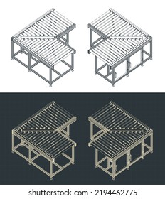 Stylized vector illustration of isometric blueprints of corner section of roller conveyor