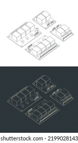 Stylized vector illustration of isometric blueprints of two and four channel relays