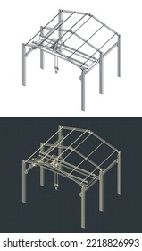 Stylized vector illustration of isometric blueprints of overhead crane and warehouse structure