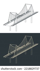 Stylized vector illustration of isometric blueprints of cable-stayed bridge