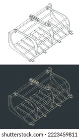 Stylized vector illustration of isometric blueprints of grapple bucket