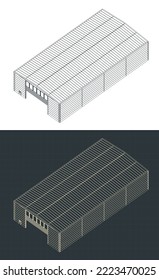 Ilustración vectorial estilizada de planos isométricos del edificio industrial