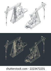 Ilustración vectorial estilizada de planos isométricos del gato de la bomba de aceite