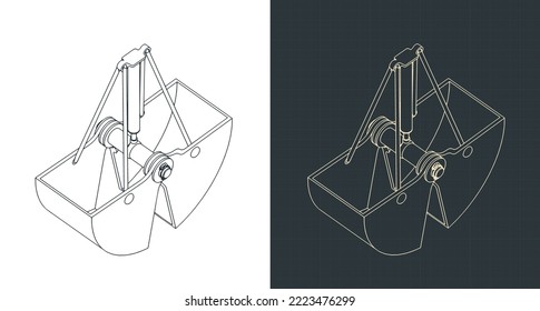 Ilustración vectorial estilizada de planos isométricos de cuchara de excavación de cáscara