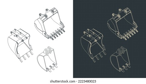 Stylized vector illustration of isometric blueprints of excavator buckets