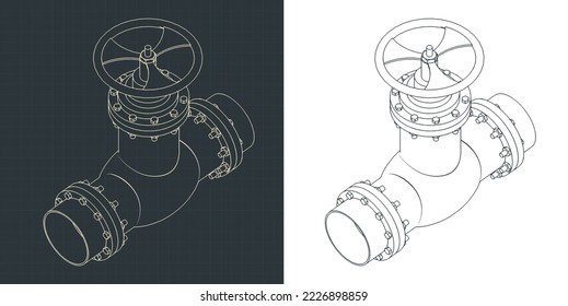 Stylized vector illustration of isometric blueprints of valve