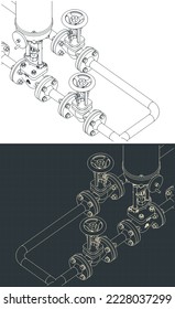 Stylized vector illustration of isometric blueprints of control valves with bypass