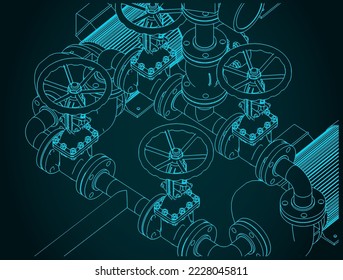 Stylized vector illustration of isometric blueprints of water pumping station system