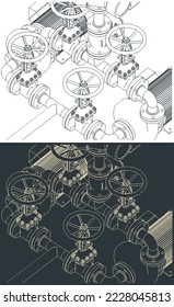 Stylized vector illustration of isometric blueprints of water pumping station system