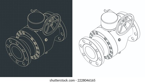 Stylized vector illustration of isometric blueprints of ball valve