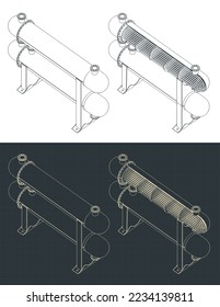 Stilisierte Vektorgrafik isometrischer Blueprints-Struktur von Schale und Röhrenwärmetauscher