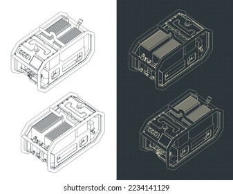 Stylized vector illustration of isometric blueprints of mobile power generator