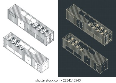 Stylized vector illustration of isometric blueprints of container type generator