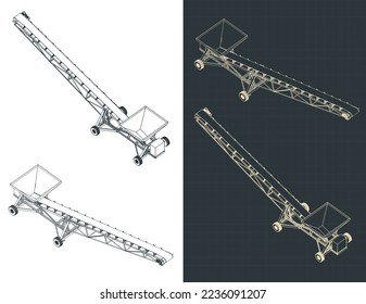 Stylized vector illustration of isometric blueprints of mobile conveyor