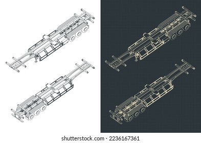 Stylized vector illustration of isometric blueprints of container trailer