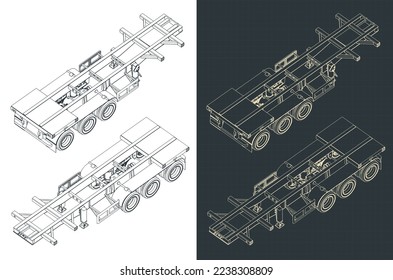 Stylized vector illustration of isometric blueprints of trailer