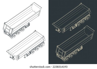 Ilustración vectorial estilizada de planos isométricos del semirremolque de barrido
