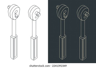 Stylized vector illustration of isometric blueprints of ratchet key