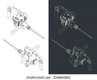 Stylized vector illustration of isometric blueprints of powerful hammer drill