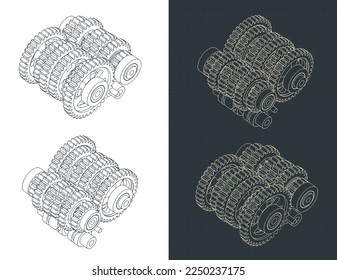 Ilustración vectorial estilizada de planos isométricos de la caja de cambios secuencial