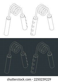 Stylized vector illustration of isometric blueprints of an arm grip trainer