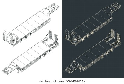 Stylized vector illustration of isometric blueprints of low bed trailer